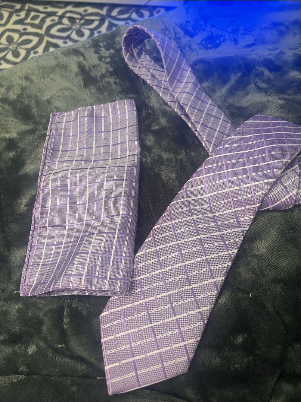Men’s Purple Plaid Necktie and Pocket Square Set